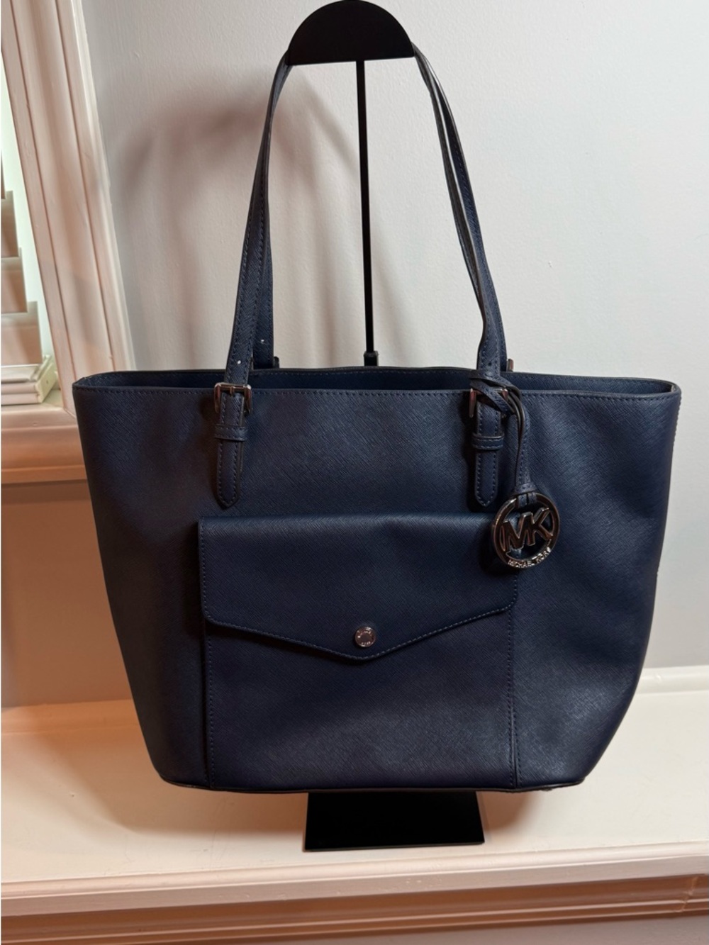 Michael Kors Navy Saffiano Tote with Front Flap Pocket